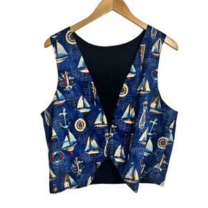 Vintage Sailboat Vest Coastal Beach Novelty Print Preppy Nautical Summer Beach